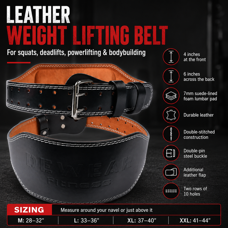 Leather Weight Lifting Belt, 4" & 6" Back Support, 10 Holes
