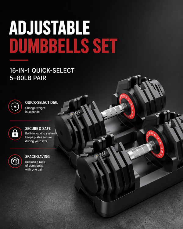 Adjustable Dumbbells Set, 16-in-1, 5-80lb Pair