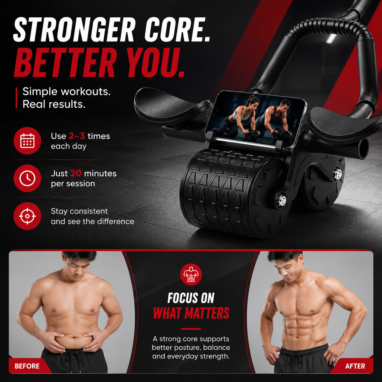 Ab Roller Wheel with Timer & Auto-Rebound