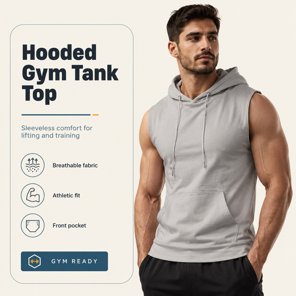 A muscular man wearing a light gray sleeveless hooded gym tank top stands against a light beige background, with product feature text displayed on the left side of the image.