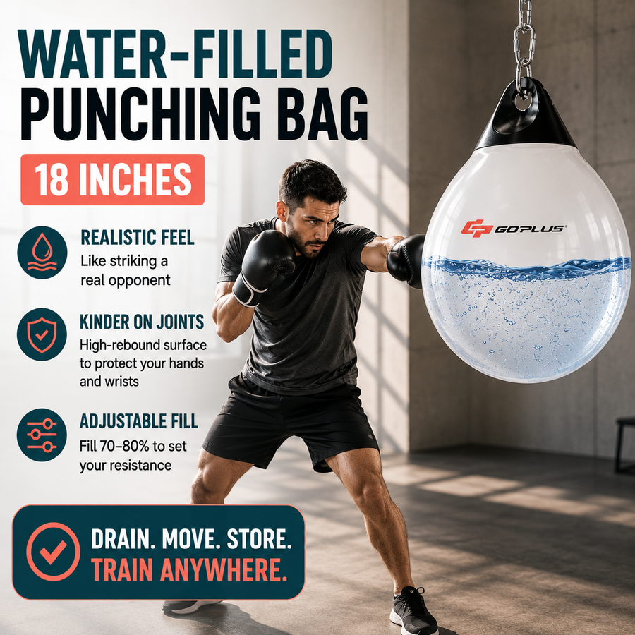 A man in a black athletic outfit punches a 18-inch water-filled punching bag hanging in a gym. The bag is white with a blue water surface and a visible GOPLUS logo.